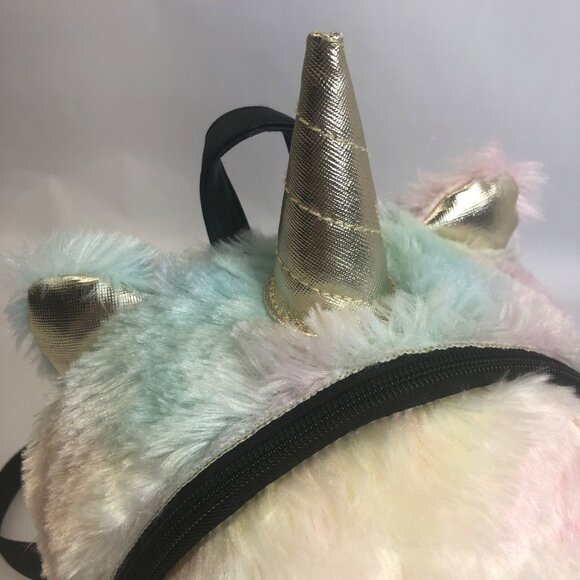 Betsey Johnson Fuzzy Gold Rainbow Unicorn Horn Small Backpack - Picture 10 of 16